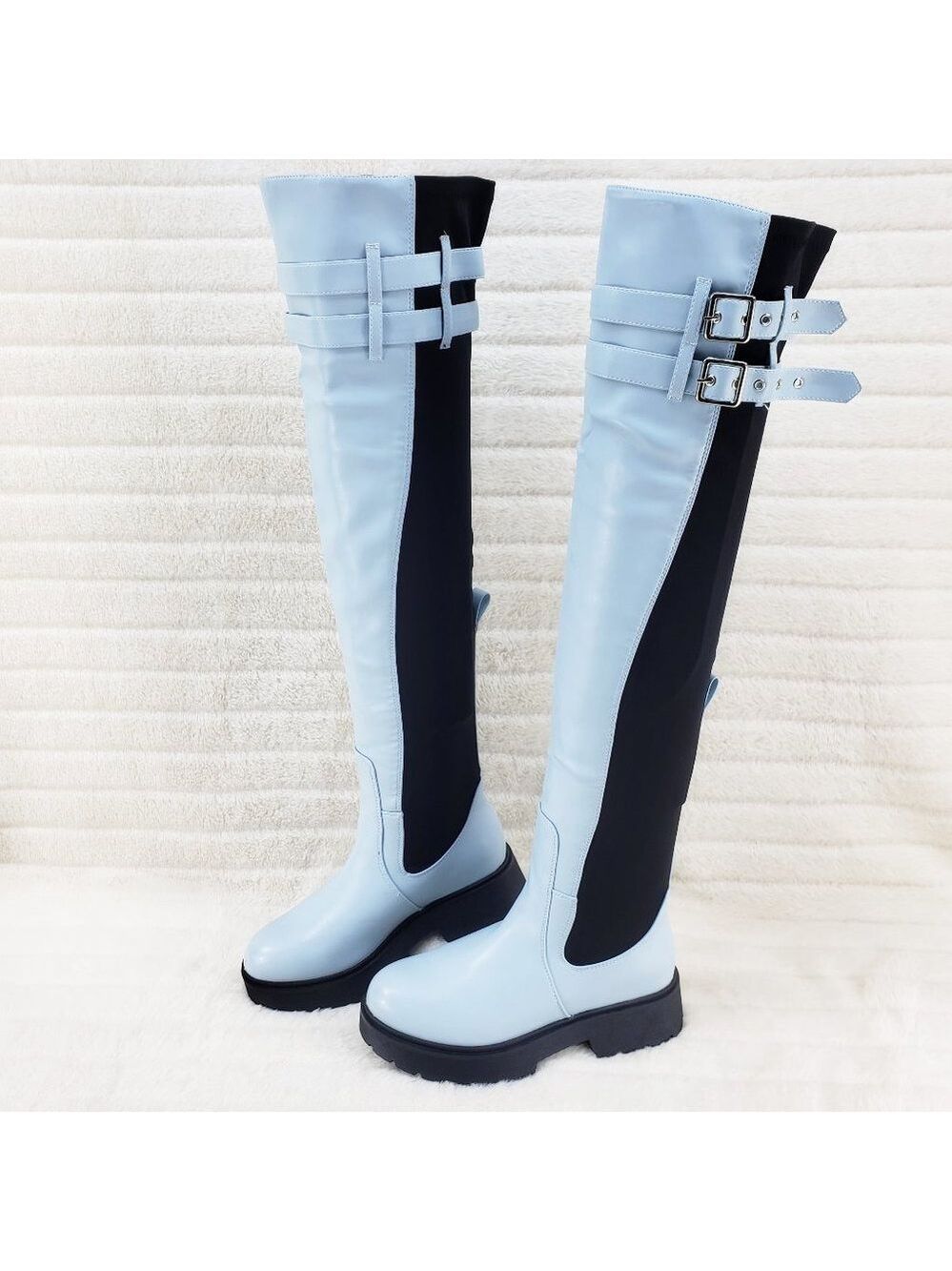 Techno Baby Blue Lycra Stretch Lug Sole Thigh High Combat Rider Brand New - Picture 3 of 16